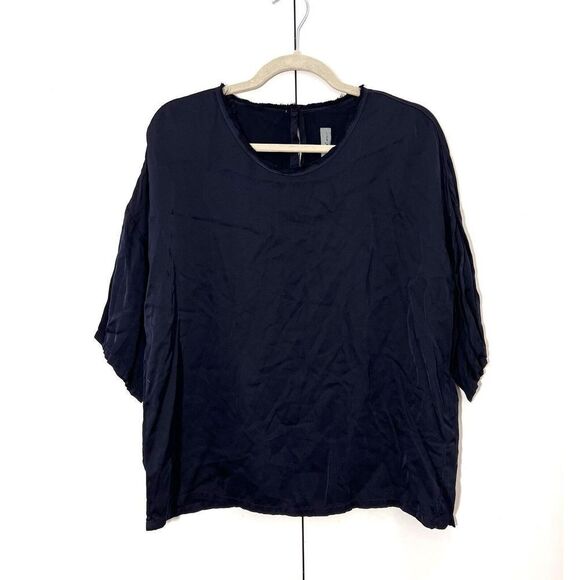 Raquel Allegra Satin Oversized T Shirt Women’s 2 Navy Blue Boxy Short Sleeve NEW - Picture 1 of 6